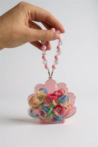 Pembe Renk Deniz Kabuğu Figürlü Boncuklu Çantalı Toka Seti