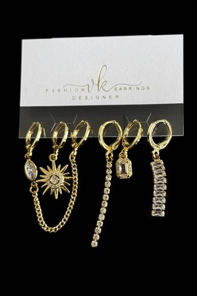 6lı Altın Renk Taş Detaylı Küpe Set