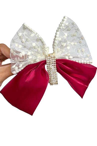 Bordo Renk Kurdele Figürlü Taş Detaylı Otomat Toka