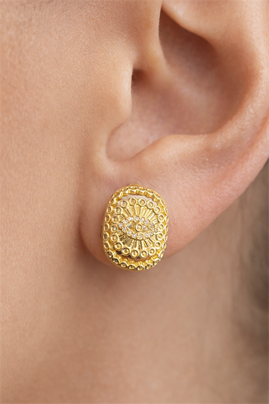 Altın Renk Göz Figürlü Taş Detaylı 14k Altın Kaplama Küpe (Çift)