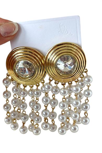 Altın Renk Taş Ve İnci Detaylı Tasarım Küpe (Çift)