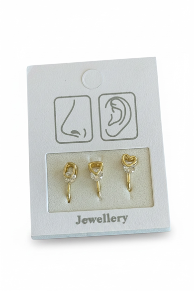 Altın Renk Karışık Figürlü Deliksiz Kulak/Burun 3lü Piercing Set