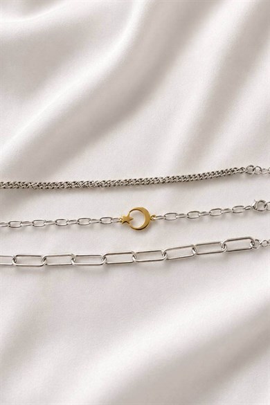 Gümüş Renk  Zincir Detaylı 3lü Bileklik Set