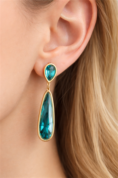 Altın Renk Mavi Taş Detaylı Çelik Küpe (Çift)