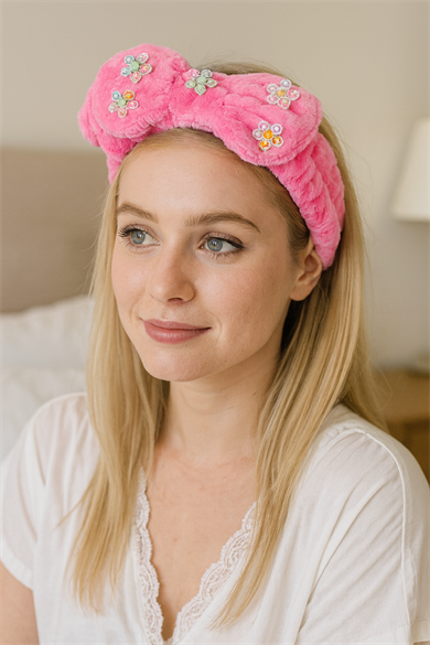 Pembe Renk Kurdele Figürlü Çiçek Detaylı Peluş Saç Bandı