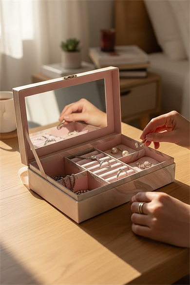 Pembe Renk Ayna Detaylı Takı Organizeri