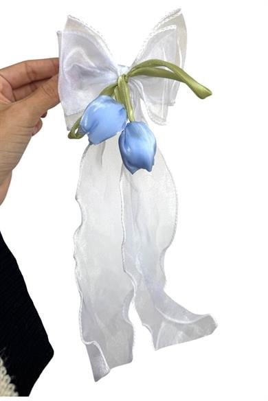 Mavi Ve Yeşil Renk Kurdele Detaylı Lale Figürlü Otomat Toka