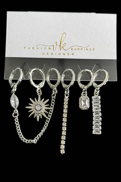 6lı Gümüş Renk Taş Detaylı Küpe Set