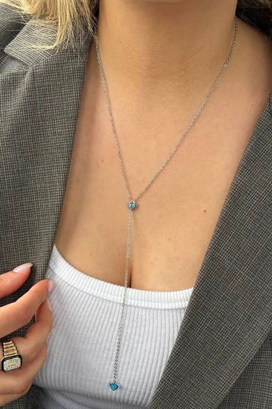 Gümüş Renk Taş Detaylı 14K Altın Kaplama VİP Y Kolye