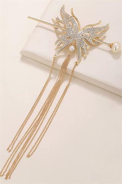 Rose Renk Kelebek Figürlü Taşlı Sallantılı Topuz Toka