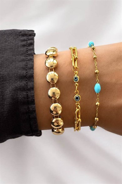 Altın  Renk  Zincir Detaylı 3lü Bileklik Set