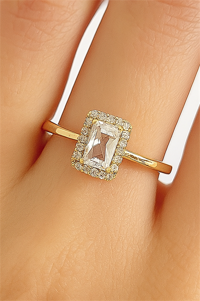 Altın Renk Tek Taş Detaylı Ayarlanabilir Baget Yüzük