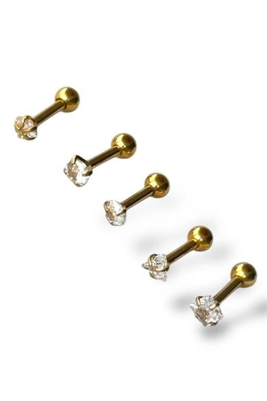 Altın Renk 5li Taş Detaylı Cerrahi Çelik Tragus/Kıkırdak Küpe/Piercing 
