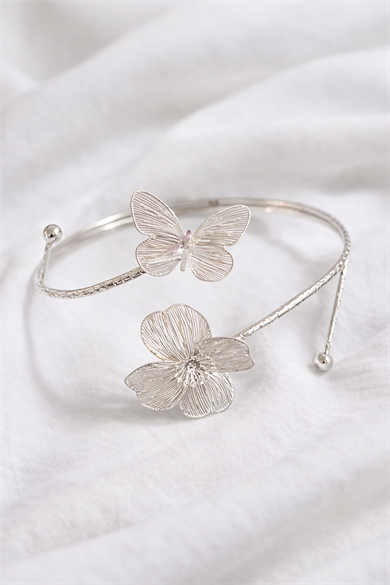 Gümüş Renk Çiçek Ve Kelebek Figürlü Tasarım Bileklik Kol Aksesuarı