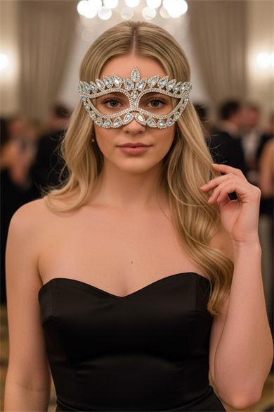 Gümüş Renk Taş Detaylı Parti Maskesi