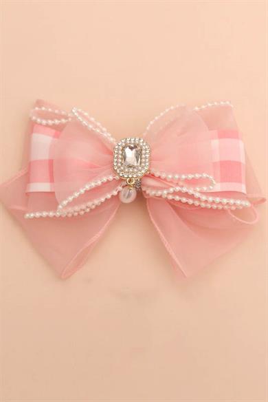 Pembe Renk Kurdele Figürlü İnci Detaylı Otomat Toka