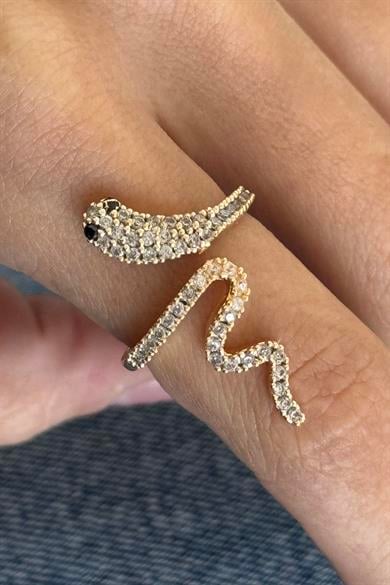 Altın Renk Yılan Figürlü Taş Detaylı Ayarlanabilir Yüzük