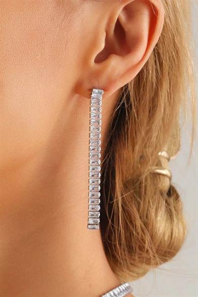 Gümüş Renk Taş Detaylı Su Yolu Küpe (Çift)