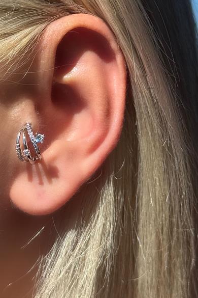 Gümüş Renk Taş Detaylı Çelik Tragus/Kıkırdak Küpe/Piercing (Tek)