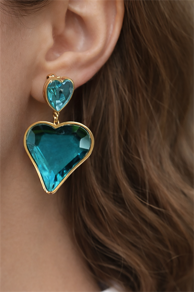 Altın Renk Mavi Taş Detaylı Kalp Figürlü Çelik Küpe (Çift)