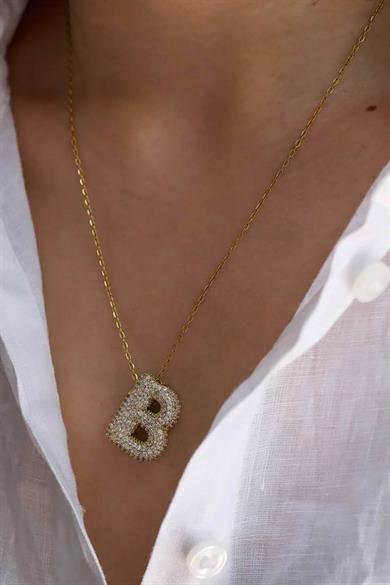 Altın Renk B Harf Taş Detaylı Çelik Kolye