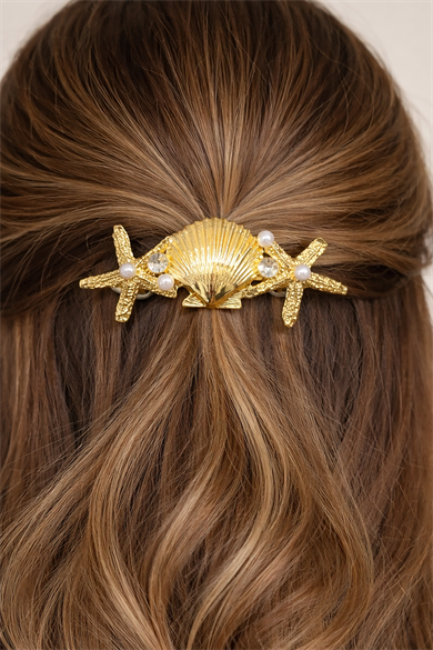 Altın Renk Deniz Kabuğu Ve Yıldız Figürlü Metal Otomat Toka