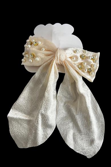 Krem Renk Kurdele Figürlü Taş Ve İnci  Detaylı Otomat Toka