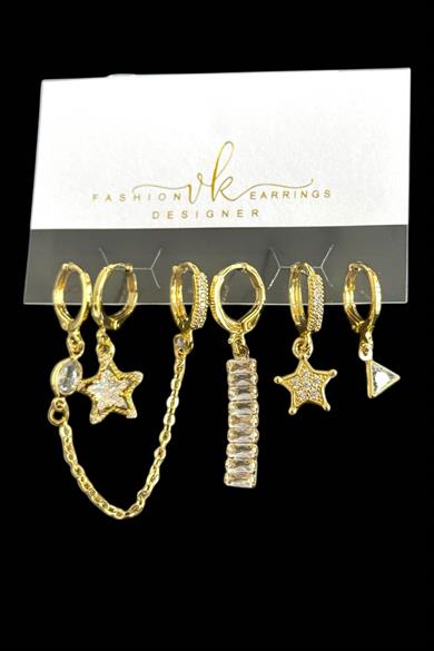 6lı Altın Renk Taş Detaylı Küpe Set