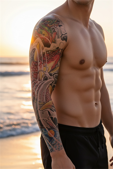 Temporary Dragon and Fish Arm Tattoo