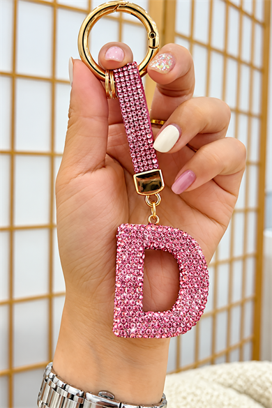 Pembe Renk D Harf Taşlı Çanta Charm/ Anahtarlık