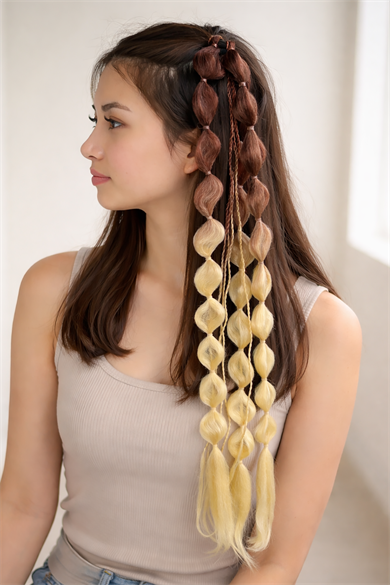 Kahve Ve Sarı Renk Saç Detaylı Lastik Toka