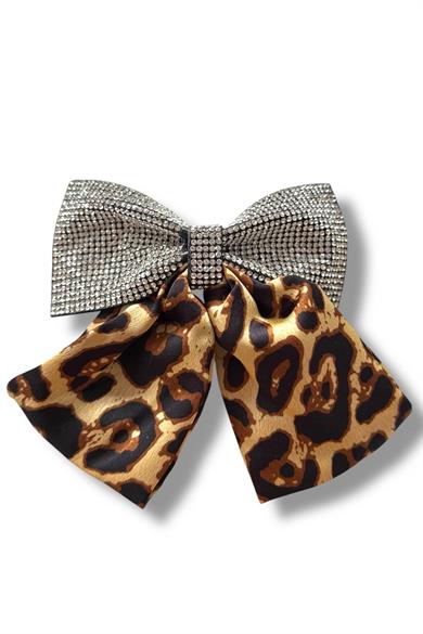 Krem Renk Taş Detaylı Leopar Desenli Otomat Toka