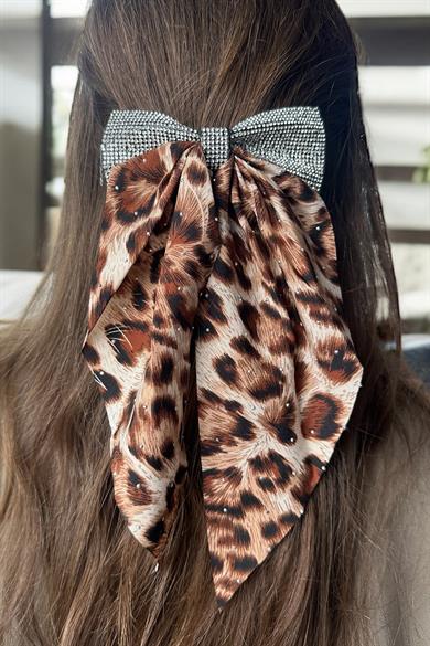 Açık Kahve Renk Leopar Desenli Taş Detaylı Otomat Toka