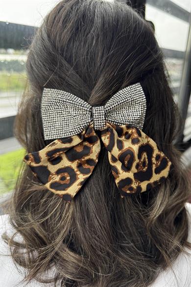 Krem Renk Taş Detaylı Leopar Desenli Otomat Toka