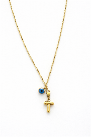 Altın Renk T Harfli Nazar Boncuk Detaylı Çelik Kolye