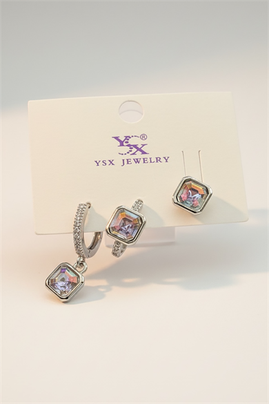 Gümüş Renk Taş Detaylı 3lü YSX Küpe Set