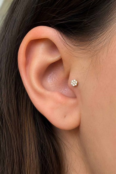 Altın Renk Taşlı Cerrahi Çelik Tragus/Kıkırdak Küpe/Piercing (Tek)