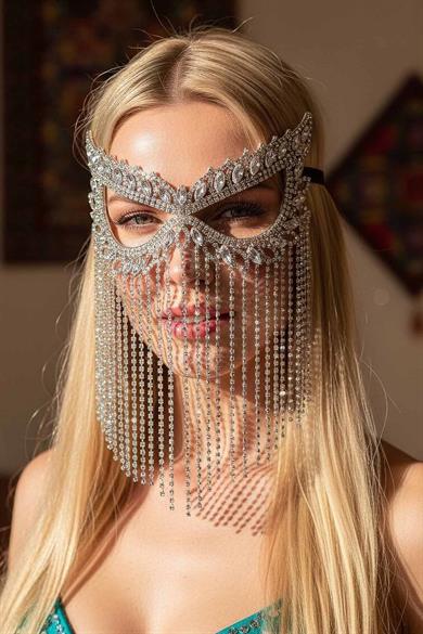 Gümüş Renk Taşlı Parti Maskesi