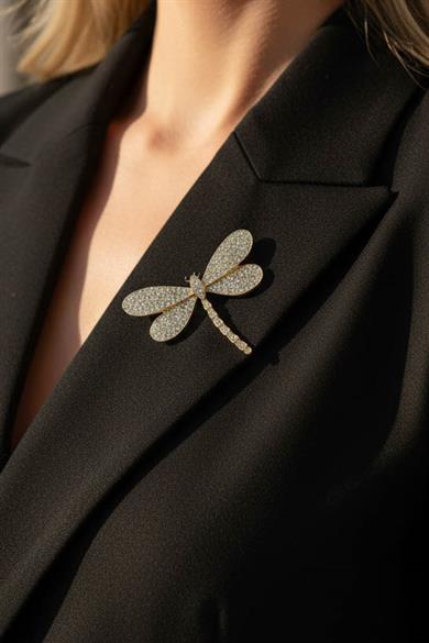 Altın Renk Yusufçuk Figürlü Taş Detaylı Broş