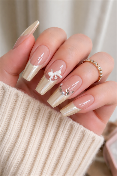 12li Krem Ve Pudra Renk Jel Görünümlü Takma Tırnak (Yapıştırıcılı)