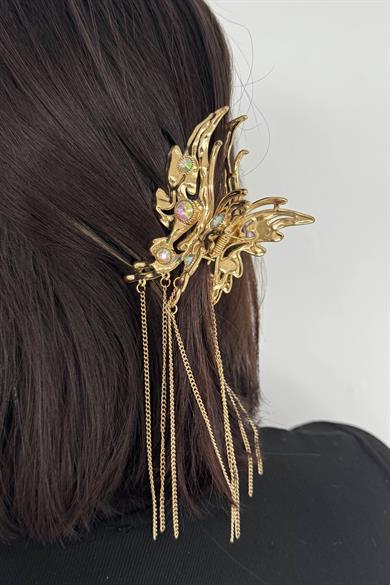 Altın Renk Kelebek Figürlü Taş Detaylı Sallantılı Metal Mandal Toka