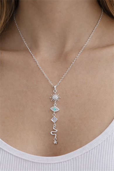 Gümüş Renk Taş Detaylı Y Kolye