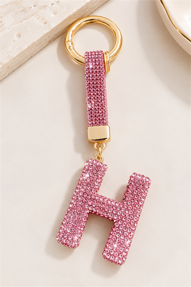 Pembe Renk H Harf Taşlı Çanta Charm/ Anahtarlık
