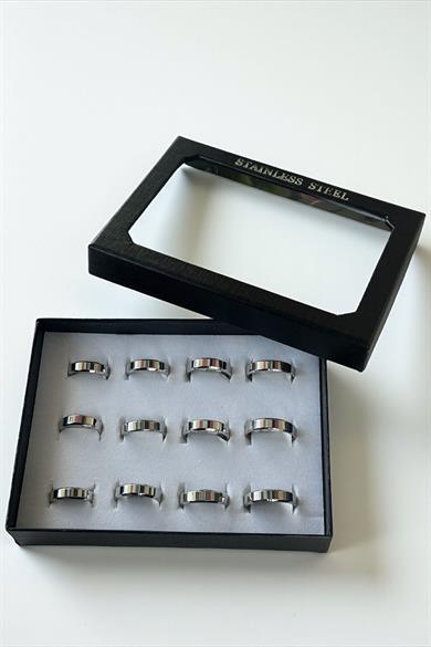 12li Gümüş Renk Çelik Erkek Yüzük Set