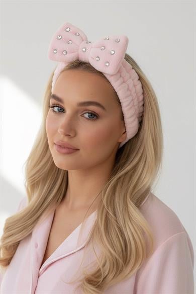 Pembe Renk Kurdele Figürlü Taş Detaylı Peluş Saç Bandı