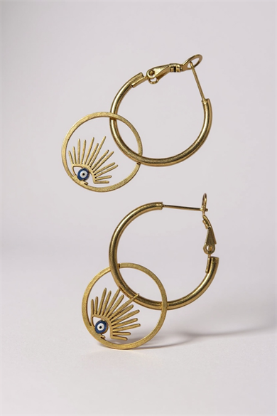 Altın Renk Göz Figürlü Çelik Halka Küpe (Çift)