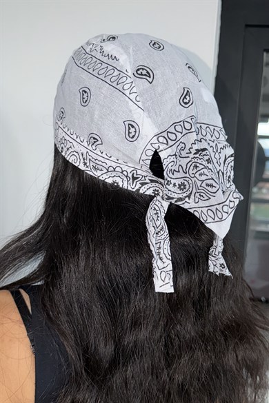 Beyaz Renk Etnik Desenli Saç Bandı/Bandana