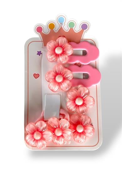 Pembe Renk Çiçek Figürlü Lastik, Yan Toka Set