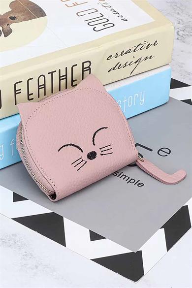 Açık Pembe Renk Kedi Figürlü Cüzdan/Kartlık