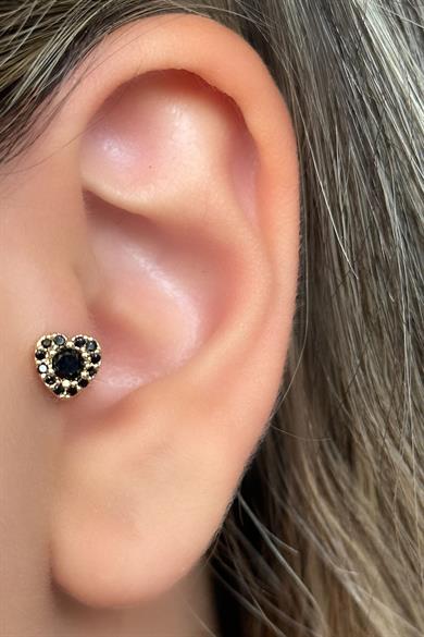 Altın Ve Siyah Renk Kalp Figürlü Taş Detaylı Çelik Tragus/Kıkırdak Küpe/Piercing (Tek)
